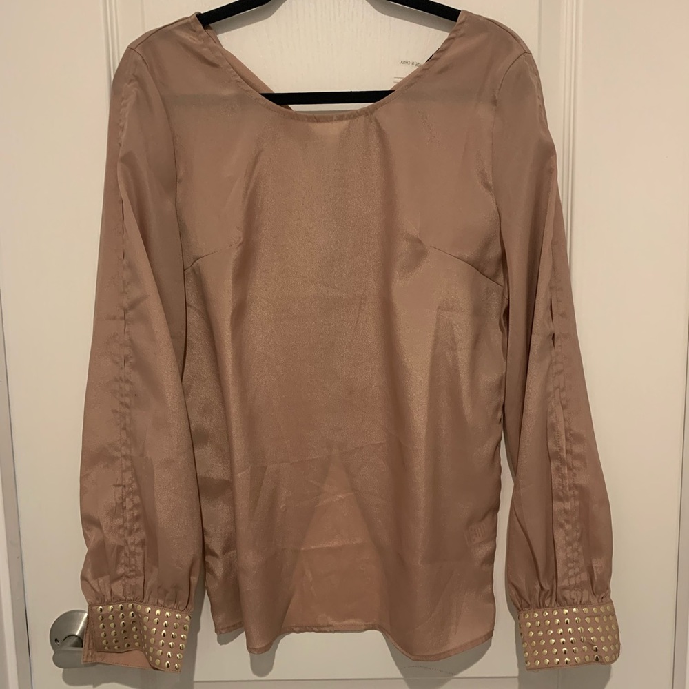 Cals Women Large Chiffon Blouse Gold Studs Key Hole Sleeves Business Casual